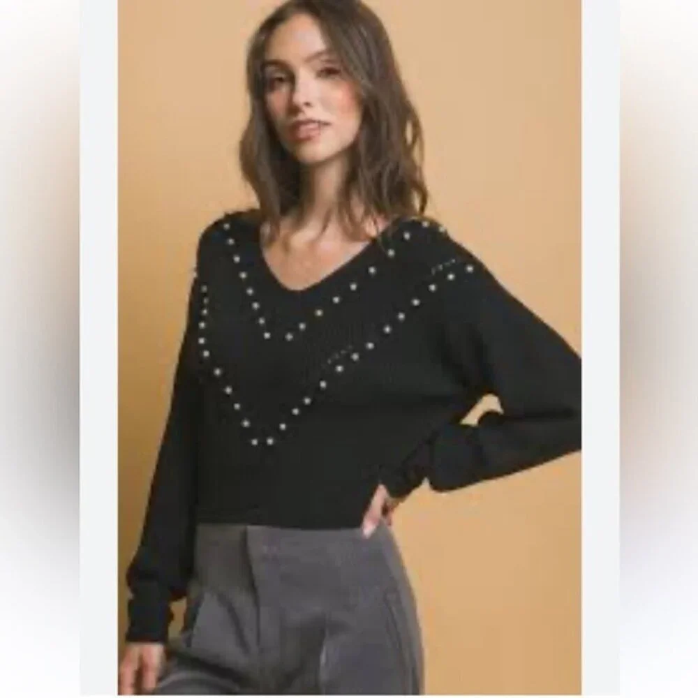 fab'rik Black V-Neck Sweater with Studded Embellishments nwt size Large